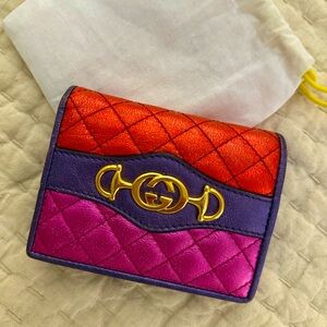 Gucci Zumi Trapuntata Card Case Wallet in Metallic Laminated Calfskin